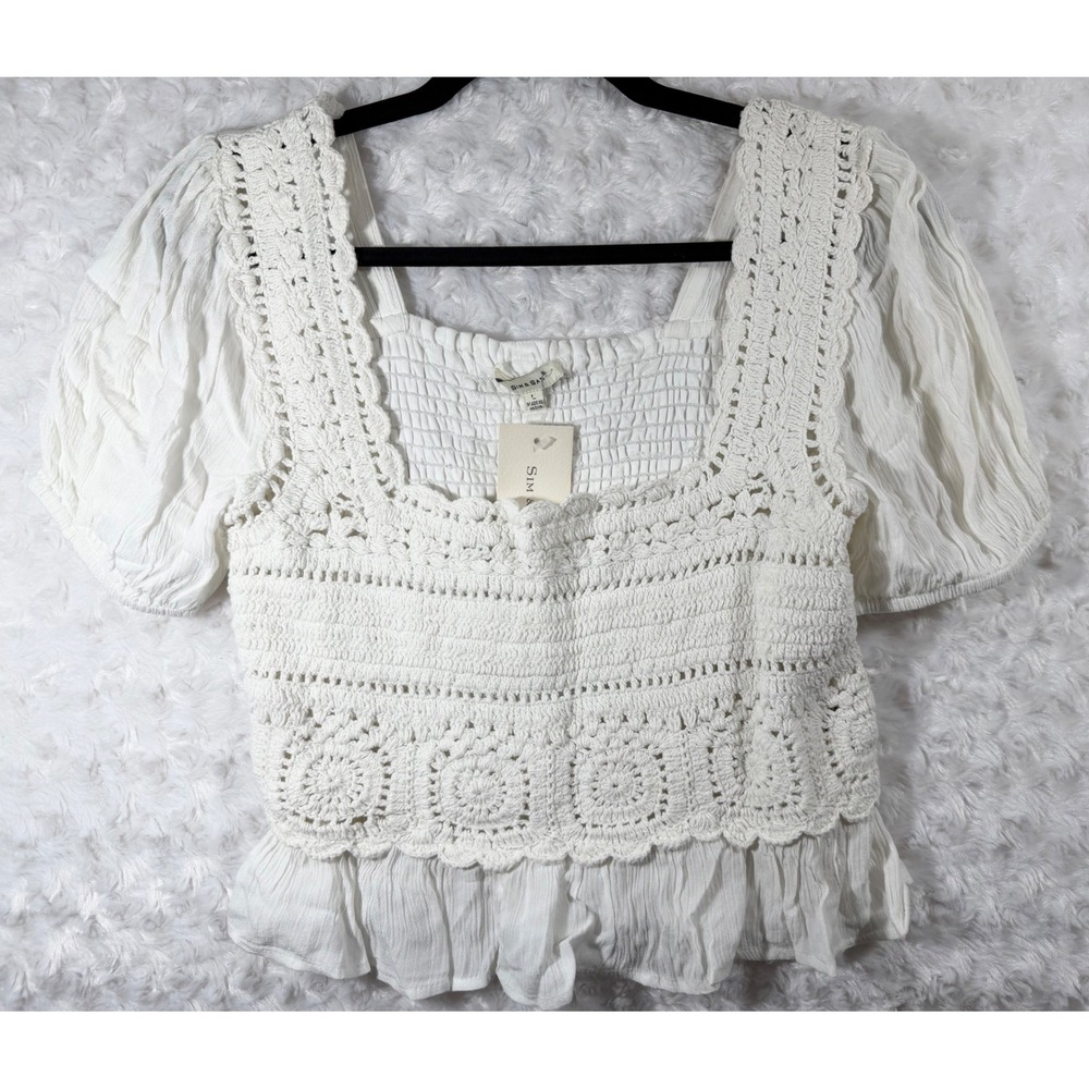 Sim & Sam Women L White Crochet Lace Puff Sleeve Boho Cottagecore Crop Top NWT